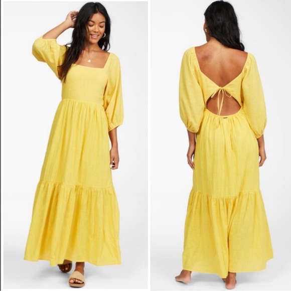 BILLABONG Dream Chaser Maxi Yellow Open Back Puff Sleeve Dress Medium - Picture 2 of 9